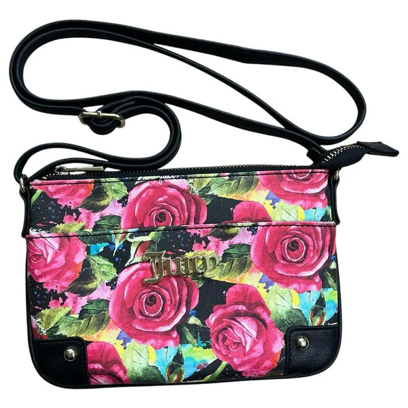 Juicy Couture Handbags - Juicy Couture Black Multi Rose Floral Small Crossbody Purse Outside Pocket